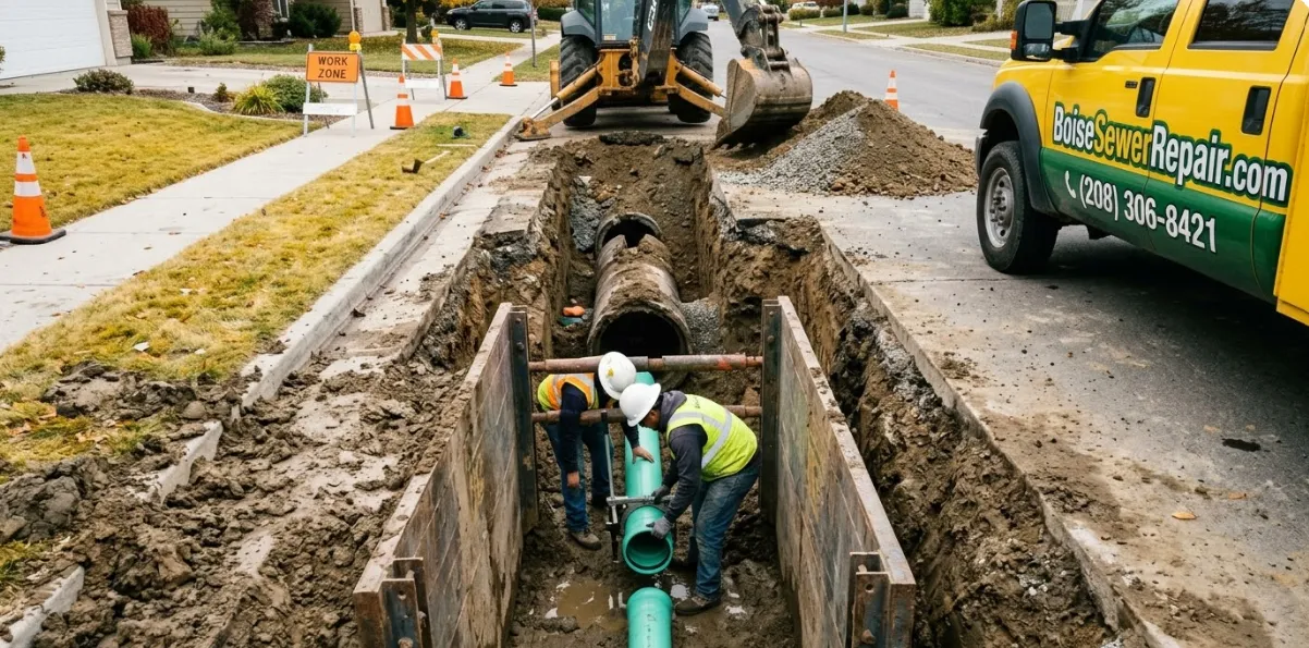 Open trench sewer line repair in progress showing new PVC pipe installation in Boise
