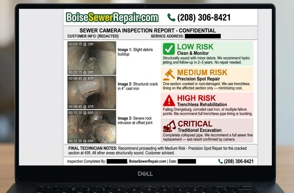 Sample sewer camera inspection report showing pipe condition findings
