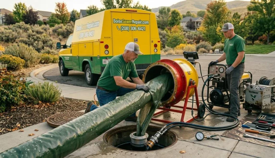 Trenchless sewer repair equipment set up at a Boise home with minimal yard disruption